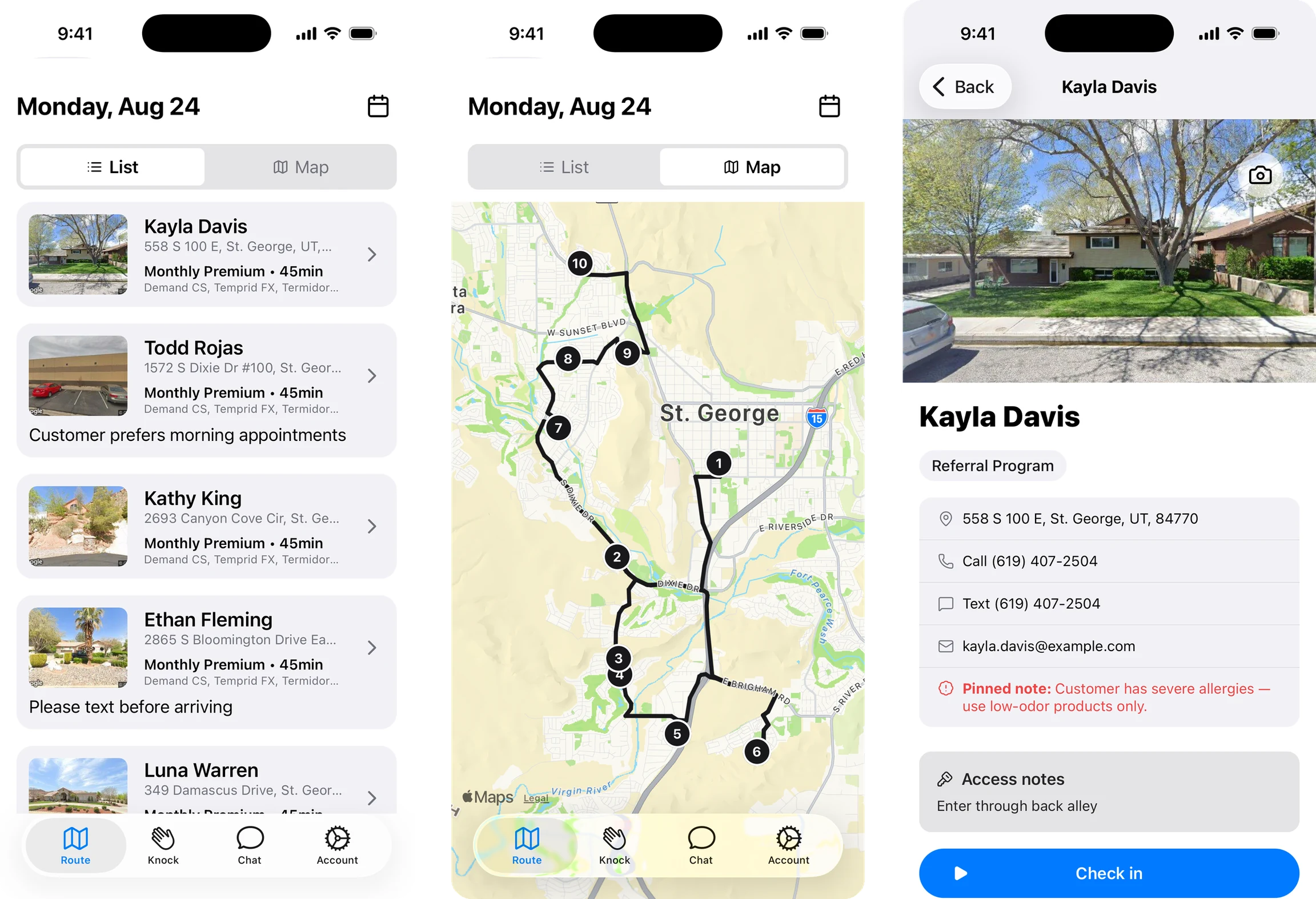 The BlazeRoutes mobile app showing a technician's route list, route map, and stop details