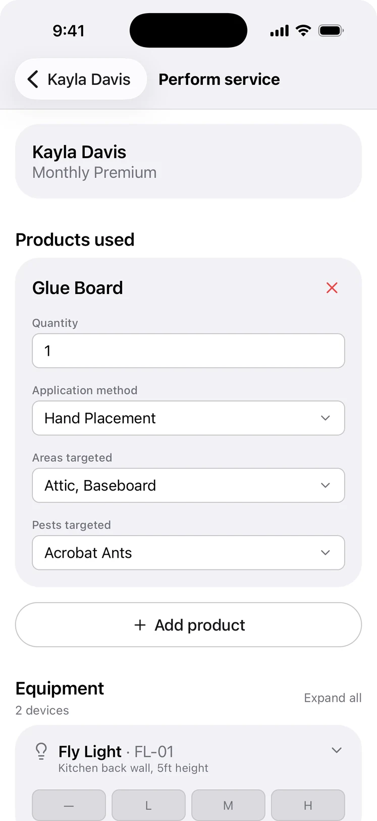 Logging products applied during a service in the BlazeRoutes mobile app